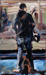 Linie 4.2, Frau mit Gepäck wartend auf die Straßenbahn, gemalt mit Ölfarben